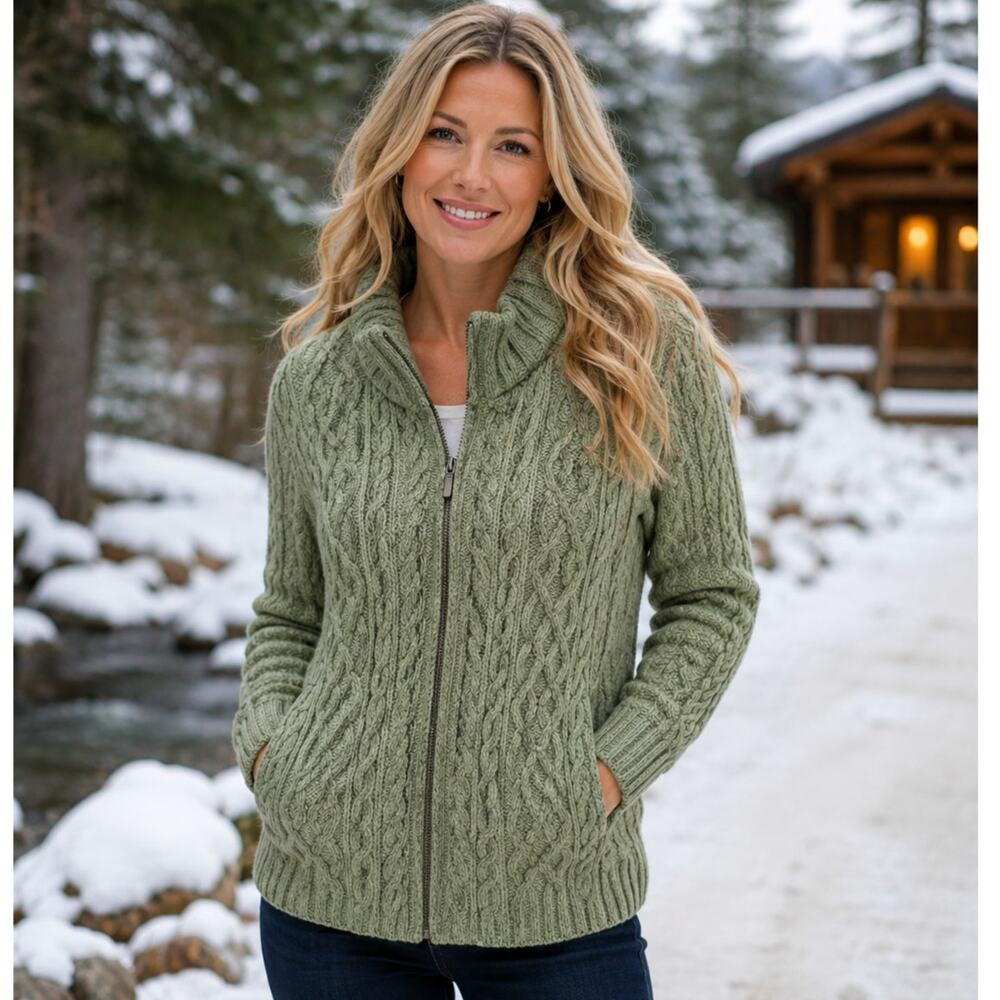 Inis Crafts Full Zip Fishermans Cardigan Womens Large Green Merino Wool Sweater
